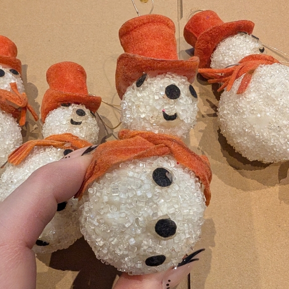 Vintage Handmade Christmas Festive Snowman Ornaments with Orange Hats - Picture 6 of 8